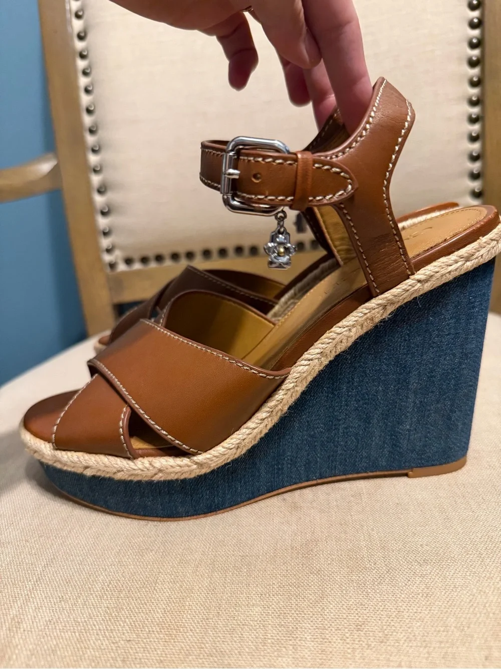 Coach Tan Leather Espadrille Wedge Sandals Size 7.5